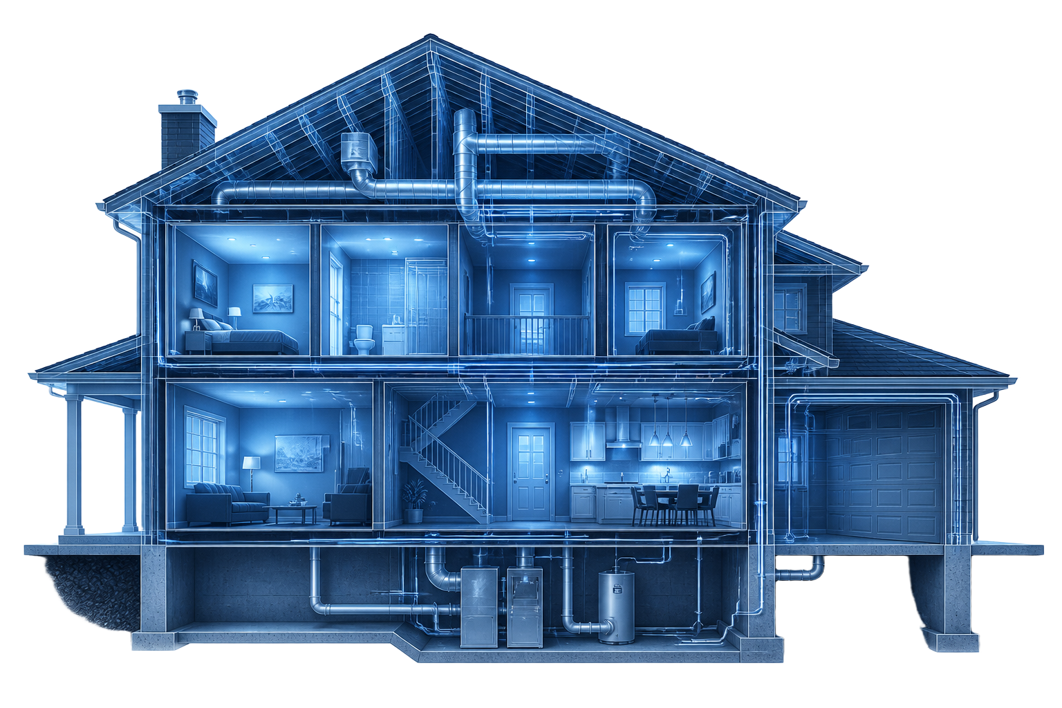 Cutaway X-ray illustration of a modern home showing its heating, plumbing, roofing, electrical, and foundation systems