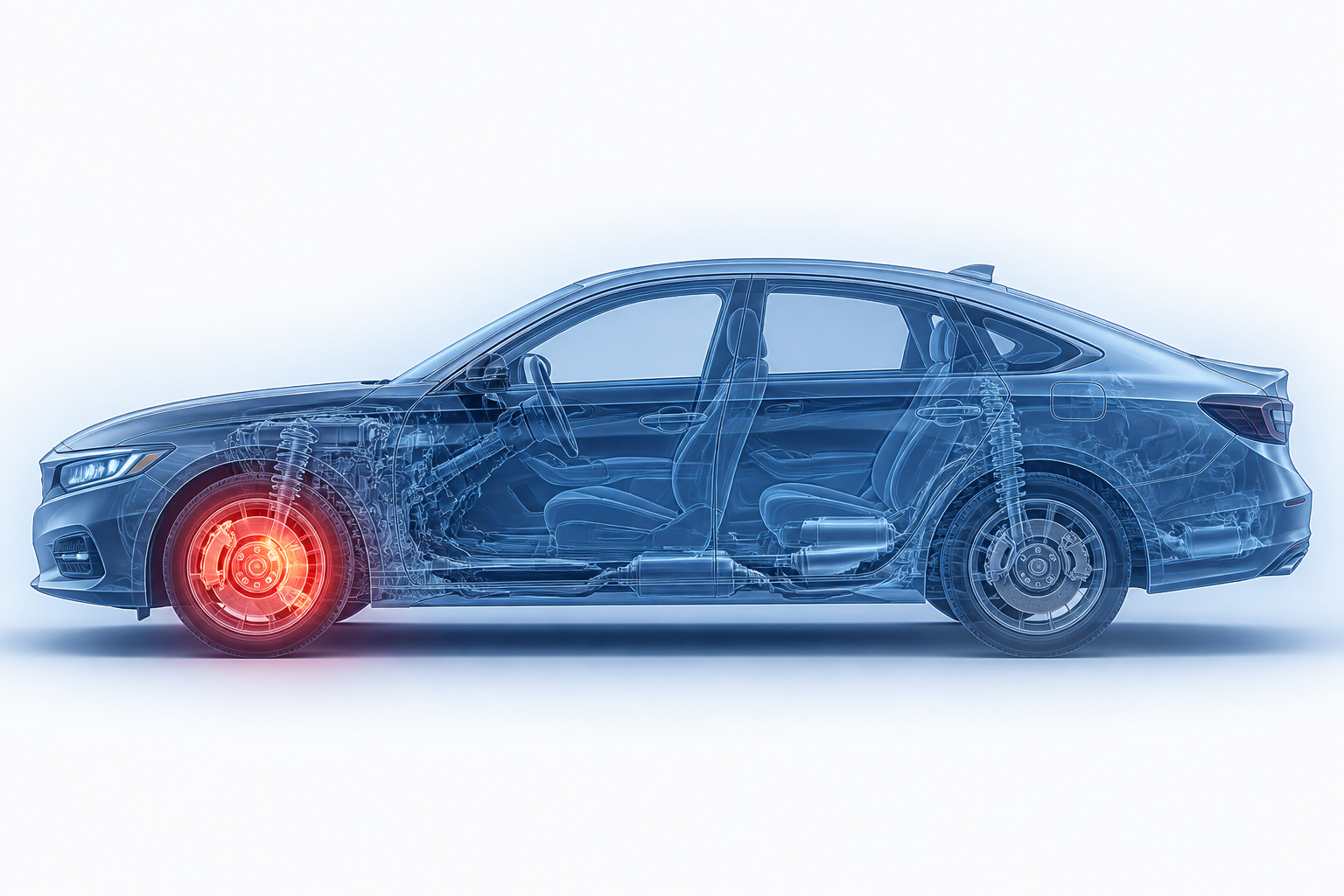 Sample Repair X-ray: semi-transparent sedan with the front brake rotor and pads highlighted