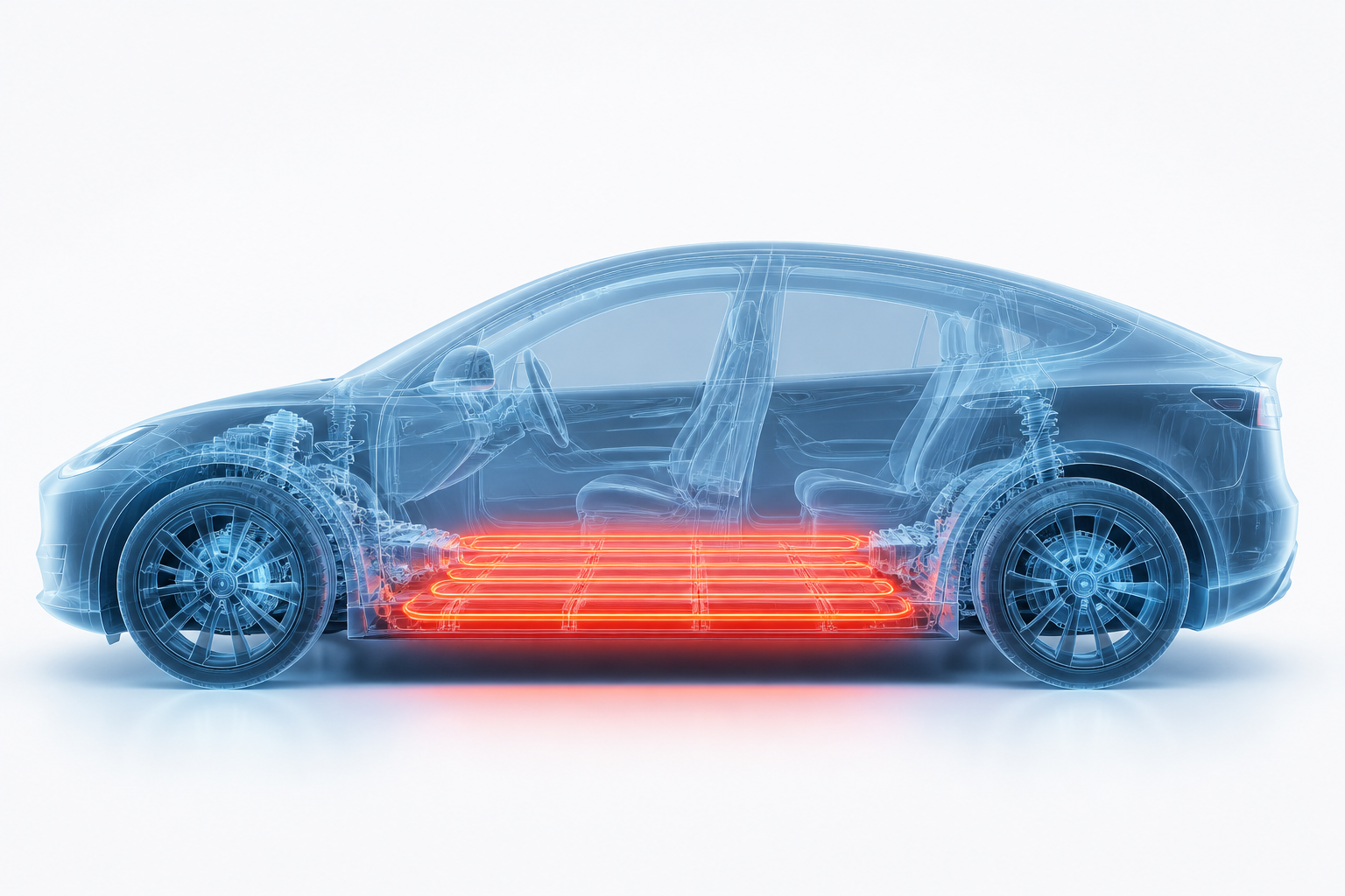 Sample Repair X-ray: semi-transparent electric crossover with the battery pack cooling system highlighted