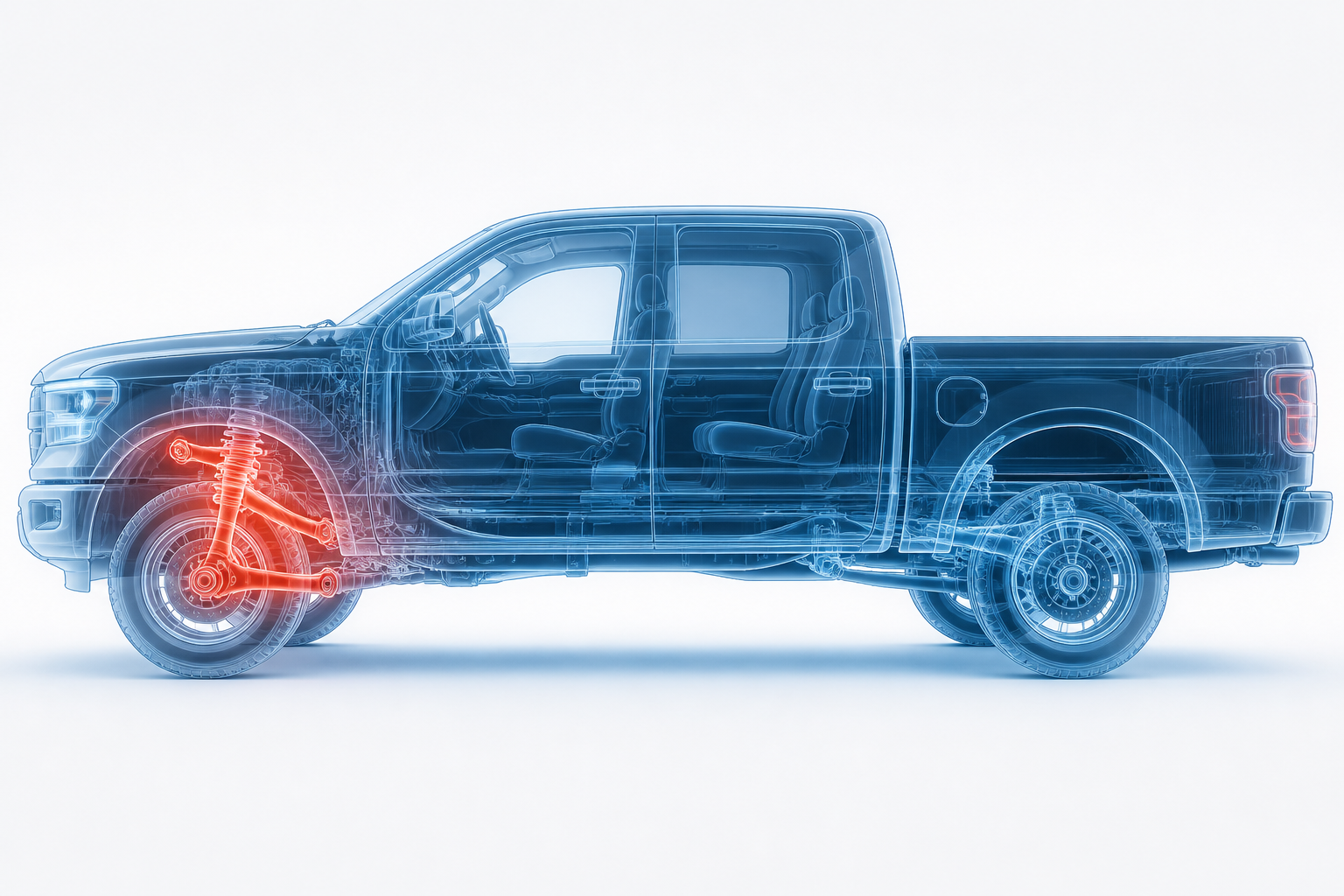 Sample Repair X-ray: semi-transparent pickup truck with the front control arm and suspension highlighted